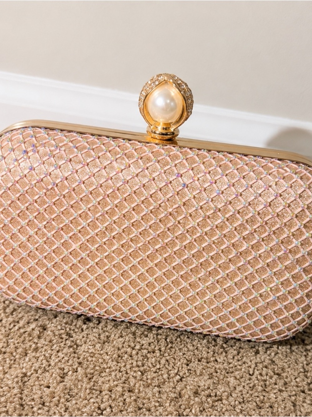Pearl-Top Pink Rhinestone Evening Clutch